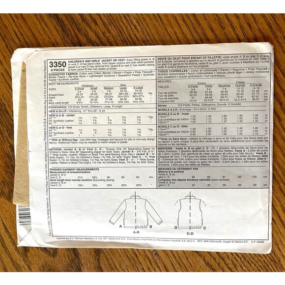 Vintage Y2K McCalls 3350 Sewing Pattern Girls Medium Jacket & Vest COMPLETE - Picture 2 of 2